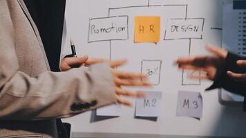 Two executive discussing company growth project success financial statistics, Partner meeting professional investor working start up project for both company with document, laptop and digital tablet. video