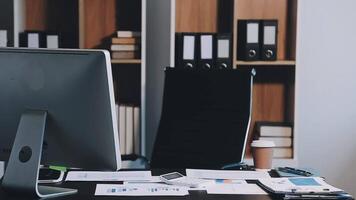 Two executive discussing company growth project success financial statistics, Partner meeting professional investor working start up project for both company with document, laptop and digital tablet. video