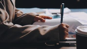 Two executive discussing company growth project success financial statistics, Partner meeting professional investor working start up project for both company with document, laptop and digital tablet. video