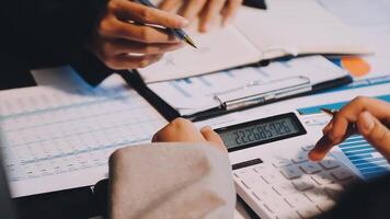 Two executive discussing company growth project success financial statistics, Partner meeting professional investor working start up project for both company with document, laptop and digital tablet. video
