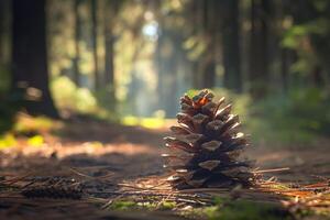 Pine cone sits in the middle of a forest background photo