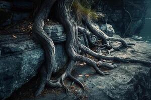 Tree with roots growing on the side of a cliff background photo