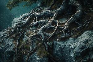 Tree with roots growing out of the rock background photo