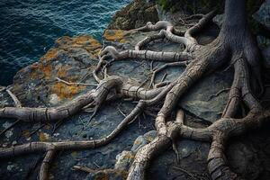 Tree with roots on a rock  the ocean background photo