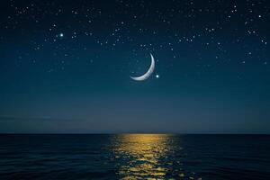 Crescent and Moon Over Ocean at Night Background photo