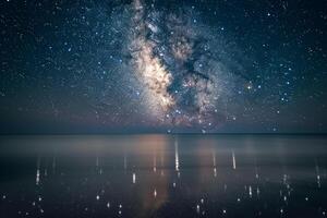 Milky Way Over Ocean with Stars Reflected in Water Background photo