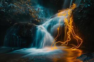 Light Painting of Waterfall in Jungle Background photo