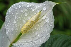 Background of a white peace lily with water droplets on it photo