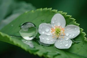 White Flower and Drop of Water on a Leaf, Natural Background photo