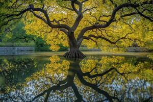 Tree with Yellow Leaves Reflecting in Water Background photo