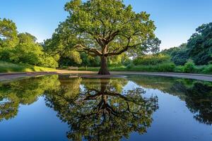 Large Tree Reflecting in Pond Background photo