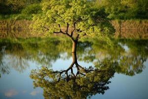 Tree Reflecting in Water Background photo