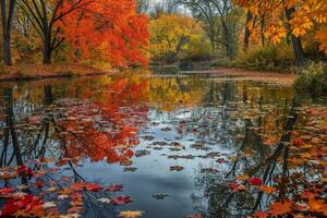 Autumn Leaves on Water in Park Background photo