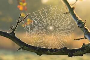 A Spider Web is Shown on a Tree Branch Background photo