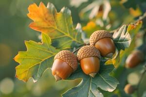 Three Acorns on a Branch with Leaves Background photo