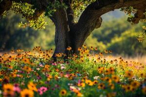 A Tree with Flowers in Front of It photo
