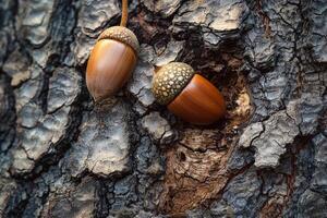 Two Acorns on Tree Trunk in Natural Background photo