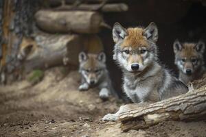 Group of Wolf Cubs Sitting in Dirt with Natural Background photo