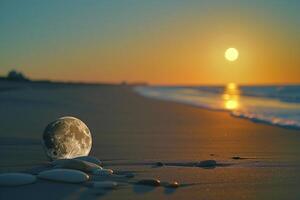 Full Moon on Beach with Rocks and Pebbles with Nature Background photo