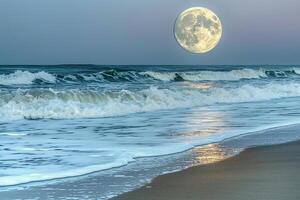 lleno Luna creciente terminado Oceano y olas con naturaleza antecedentes foto