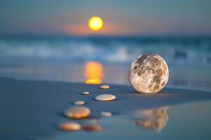 Full Moon with Stones on Beach with Nature Background photo