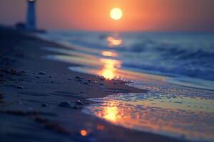 Sunset on the Beach with a Lighthouse in the Distance photo