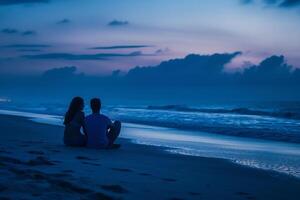 Couple Sitting on the Beach at Dusk, Romantic Background photo