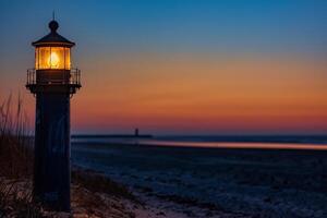 Lighthouse on Beach at Sunset Background photo