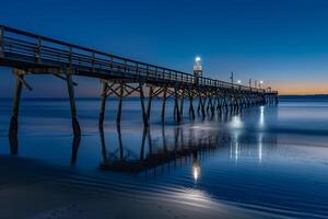 Pier at Dusk with Lighthouse in Distance Background photo