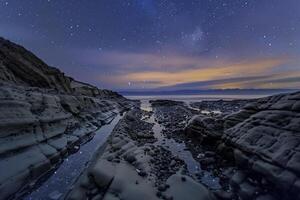 Night Sky Over Ocean with Rocks and Water Background photo