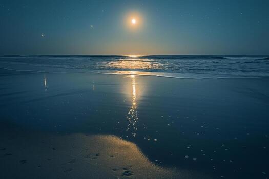 Luna y estrellas terminado Oceano a noche antecedentes foto