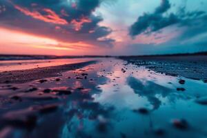 Sunset Reflection in Water on Beach, Nature Background photo