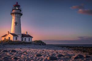 Lighthouse on Beach at Sunset, Nature Background photo