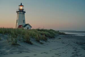 Lighthouse on Beach at Sunset, Nature Background photo