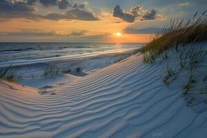 A Sandy Beach with Dunes and Grass at Sunset, Background of a Sandy Beach with Dunes and Grass at Sunset photo