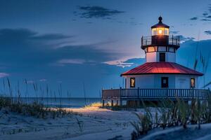 A Lighthouse Sits on the Beach at Dusk, Background of a Lighthouse Sits on the Beach at Dusk photo