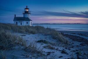 A Lighthouse Sits on the Beach at Dusk with Grass and Sand, Background of a Lighthouse Sits on the Beach at Dusk with Grass and Sand photo