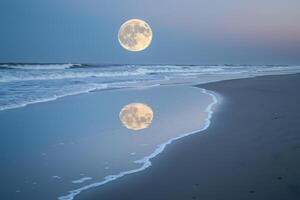 un lleno Luna es reflejado en el agua en un playa foto