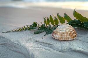 A shell and leaves on the beach photo