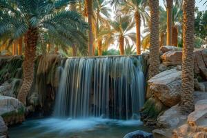 A Waterfall in the Desert with Palm Trees Background photo