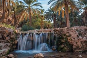 A Waterfall in the Desert with Palm Trees Background photo