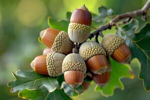 Bunch of acorns on a branch and natural background photo