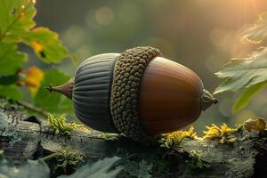 Acorn on a branch in the sun with natural background photo