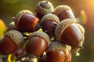 Acorns on a branch with sunlight shining through and natural background photo