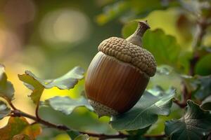 Acorn on a branch with leaves and natural background photo