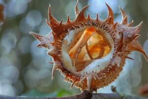 Seed pod with a hole in it and natural background photo