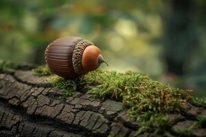 Small acorn on a tree trunk with natural background photo