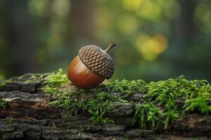 Acorn on a tree stump with green background photo