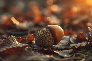 Single Acorn on Ground with Sunlight background photo