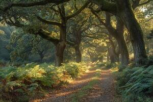 A Dirt Path Surrounded  Trees and Ferns Background photo